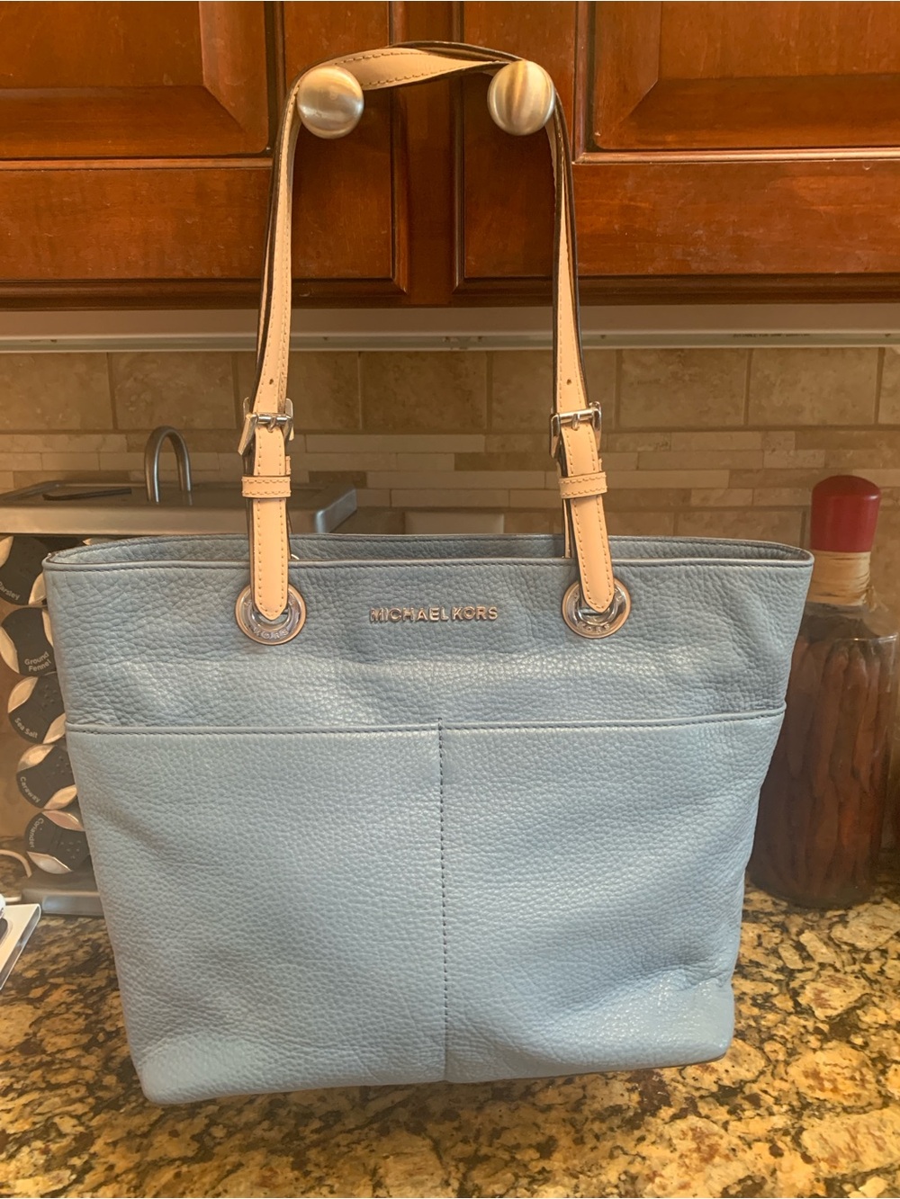 Michael Kors Dusty Blue Pebbled Leather Tote with Tan Straps and Front Pockets